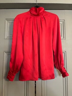 Women's Red Pleated High-Neck Blouse